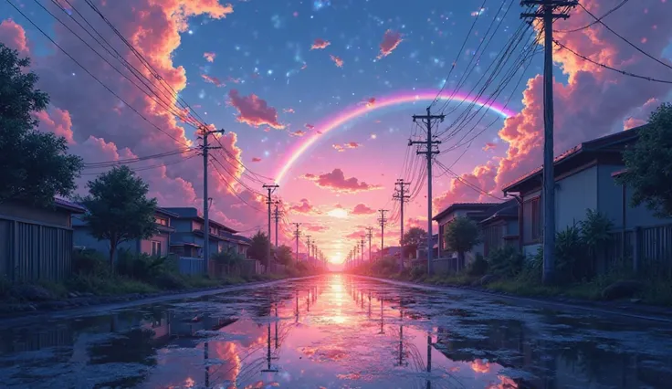 Highest resolution 8K resolution. A very fantastic anime-style scenery with puddles reflecting light against the background of an alley in a residential area at dusk. A fantastic rainbow landscape filled with countless clouds and lights, and the bright clo...