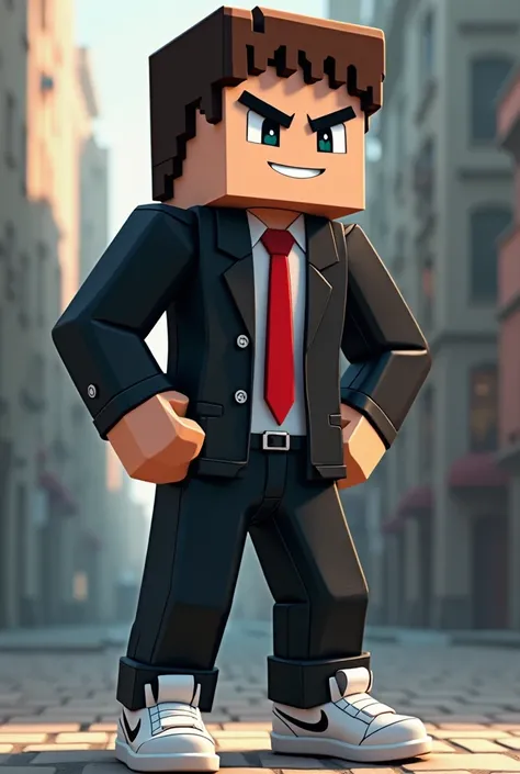 Minecraft profile strike pose smirk  and black suit red tie Nike jeans white Nike shoes pixelad