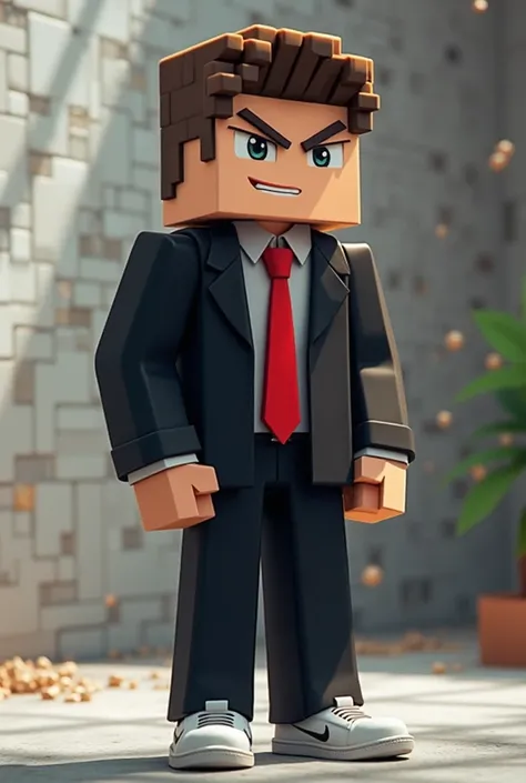 Minecraft profile strike pose smirk  and black suit red tie Nike jeans white Nike shoes pixelad