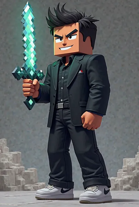 Minecraft profile strike pose smirk  and black suit Nike jeans white Nike shoes pixelad diamond sword 