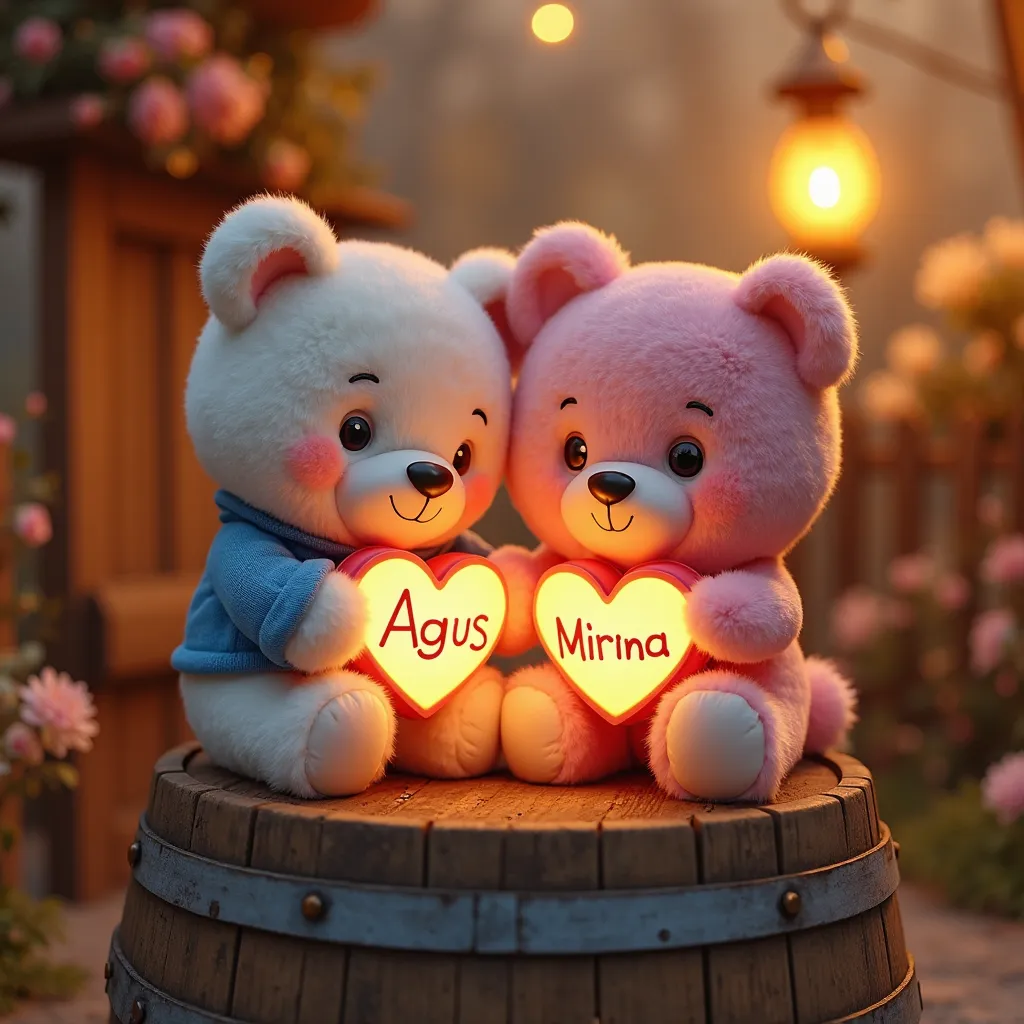 A heartwarming and romantic scene featuring two adorable plush teddy bears named 'Agus' and Mirna' emboss glossy who symbolize love and companionship. AGUS, dressed in a blue outfit, and MIRNA, in a pink one, are both holding light-up heart signs with thei...