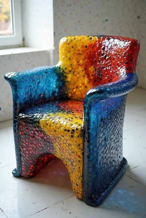 A uniquely designed chair with internal colors of blue, yellow, red, and black, upholstered with these colors in a honeycomb and tree-like pattern. Made of transparent plastic and Roham, with a distant background that contrasts with the chair’s colors.

