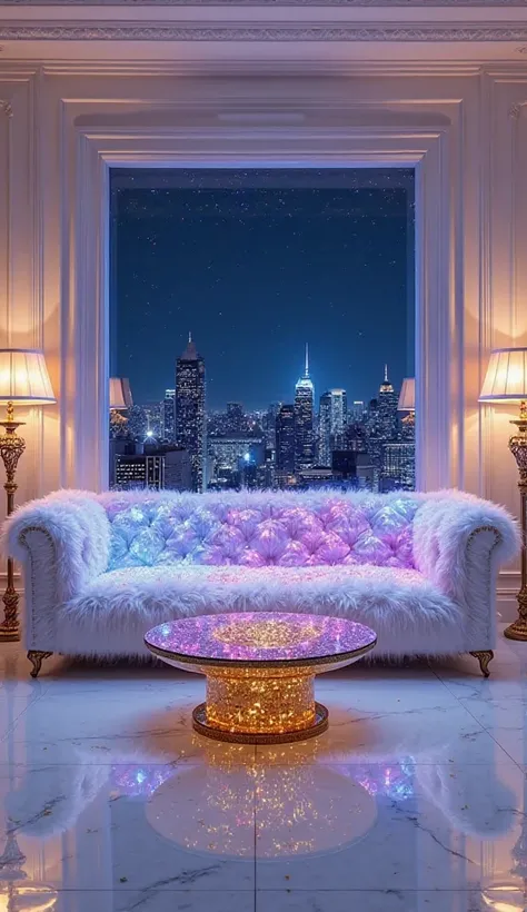 A fancy nighttime interior with a large square window showcasing a beautiful city nightscape. The room has a glossy white floor and pure white mink fur-textured walls. A luxurious sofa adorned exclusively with sparkling purple, blue, and transparent diamon...