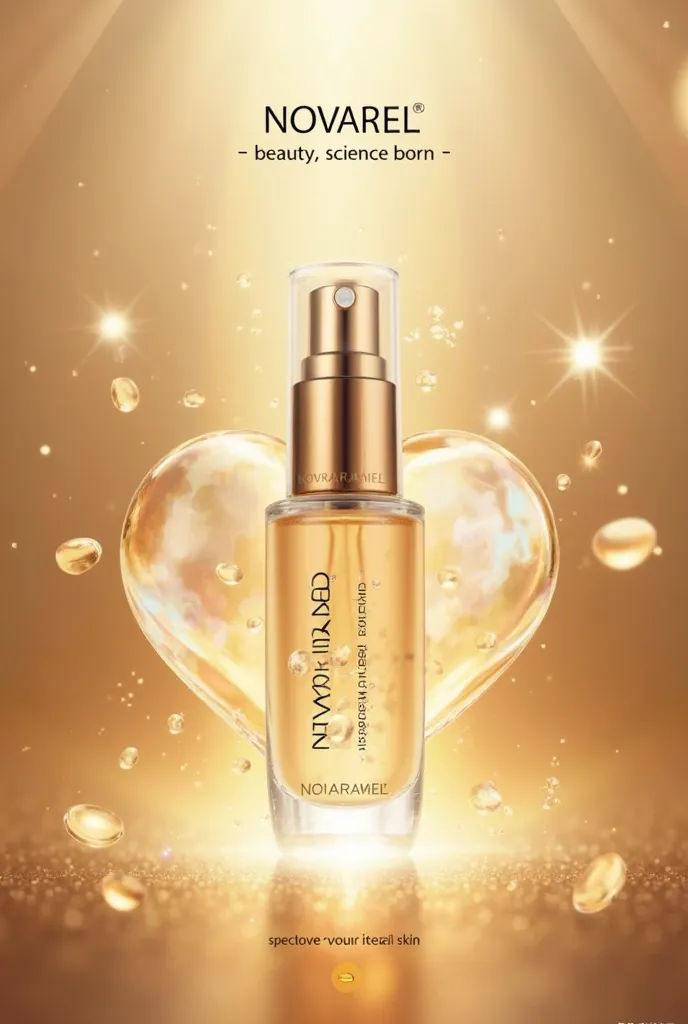 Advertising banner for NOVAREL:
	• Background: gradient shades of gold and delicate mother-of-pearl, that create a sense of luxury and innovation.
	• In the center is an elegant serum bottle with radiant drops.
	• On the sides are natural ingredients (hyal...