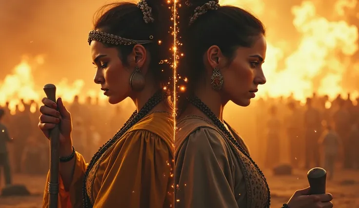 "A split-screen cinematic composition showing Jael on one side, gripping a tent peg with intense focus, while on the other side, a modern-day woman mirrors her stance, looking just as determined. The background is a fiery, golden battlefield, symbolizing b...