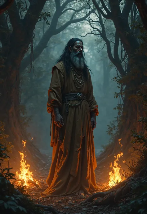 A indian saint, long hair, standing in a forest, dark night, fire all aroud