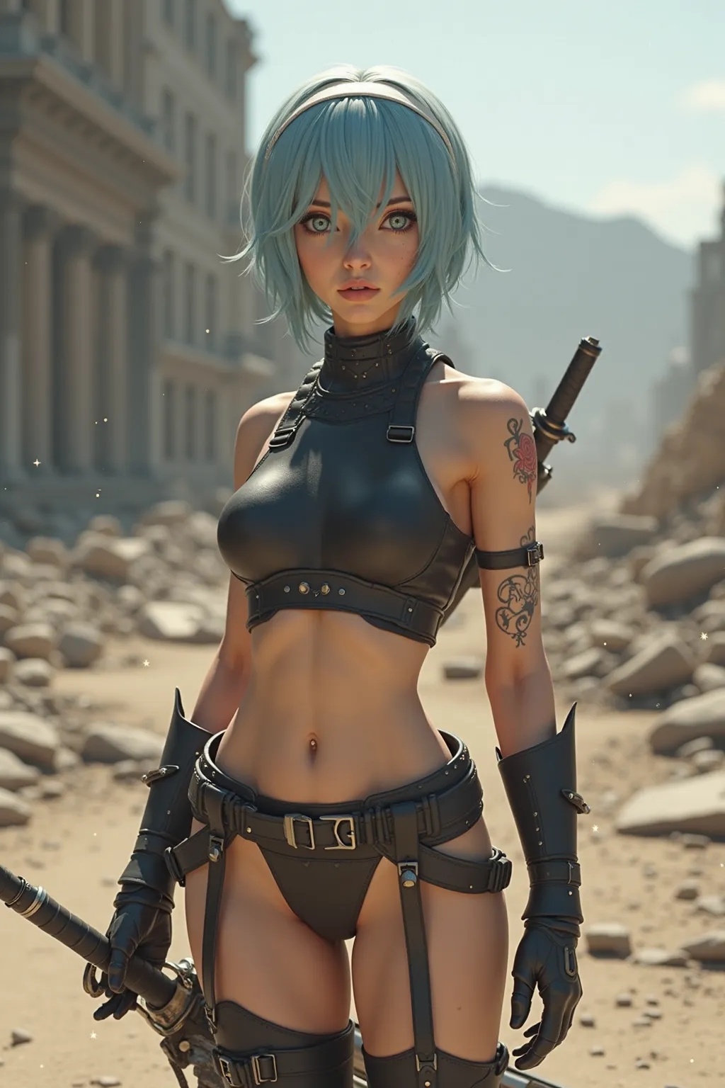 Take a realistic photo of 2B from Nier Automata with chin-length light blue shiny chrome hair as a real person. She is standing in a destroyed city and is wearing no clothes. She is naked except for skimpy leather black armor. Her breasts and labia are vis...