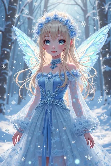 a colorful drawing for ren of s with an enchanted outfit in which the fairy in winter reigns and snowflakes dance around her