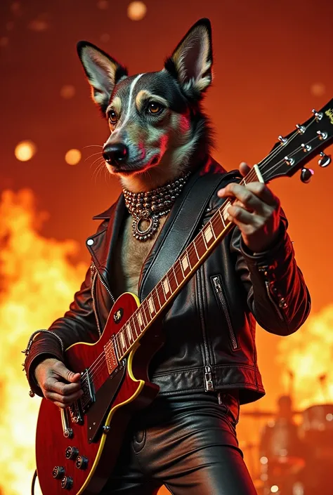 Meet the electrifying canine frontman—a bipedal rock star with undeniable charisma. He struts onto the stage in a striking zebra leather jacket that screams wild rebellion, perfectly complementing his untamed persona. In his paws, he wields a classic Les P...