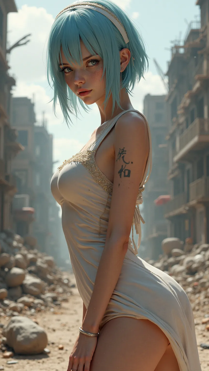 Take a realistic photo of 2B from Nier Automata with chin-length light blue shiny chrome hair as a real person. She is standing in a destroyed city and is wearing a very transparent white dress, that emphasizes her body. She is naked under the dress.  she ...