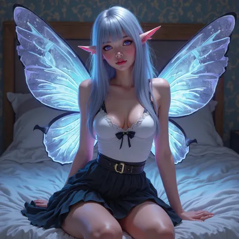 [In semi-realistic digital painting, 2D]
Lilia Everhart sat gracefully on the edge of the bed, her **butterfly-like wings** shimmering with a translucent, iridescent glow, reflecting the dim light in hues of soft blues and purples. The fitted white tank to...