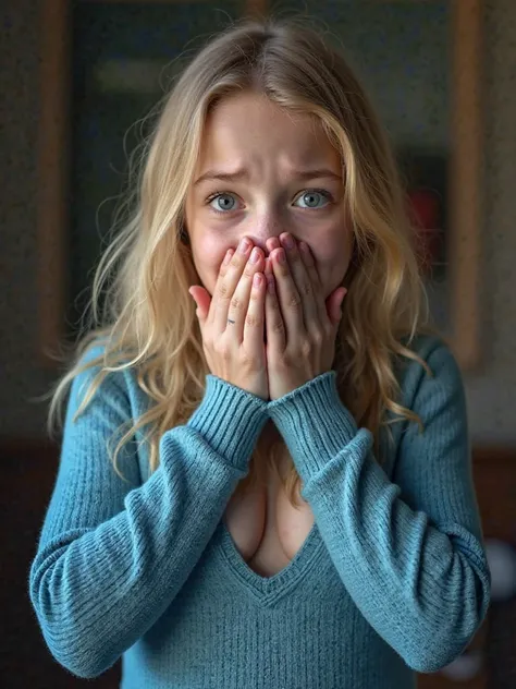  Fourteen-year-old girl,  by the blond hair,She wears a tight blue knitted sweater with an open neckline showing the breasts, She has a surprised face, He has both hands covering his mouth,  image