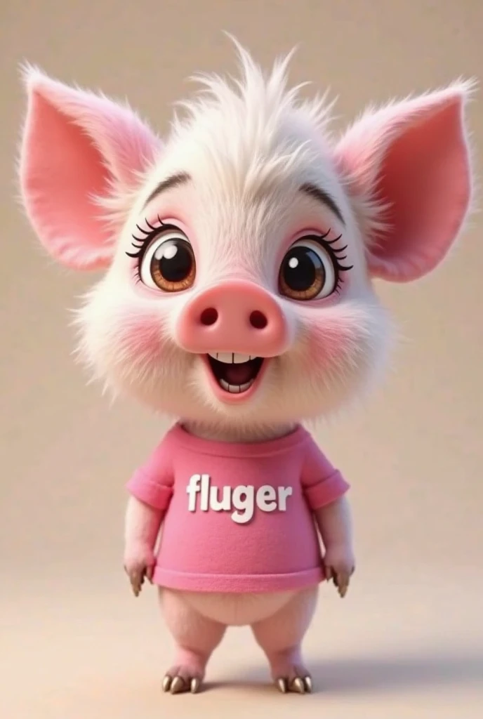 The picture shows a cute 3D pig with fluffy pink and white hair, with big kind eyes and a smile. He is wearing a pink t-shirt that says “fluger”. The background is neutral, And the lighting is soft, emphasizing his sweet and friendly look.