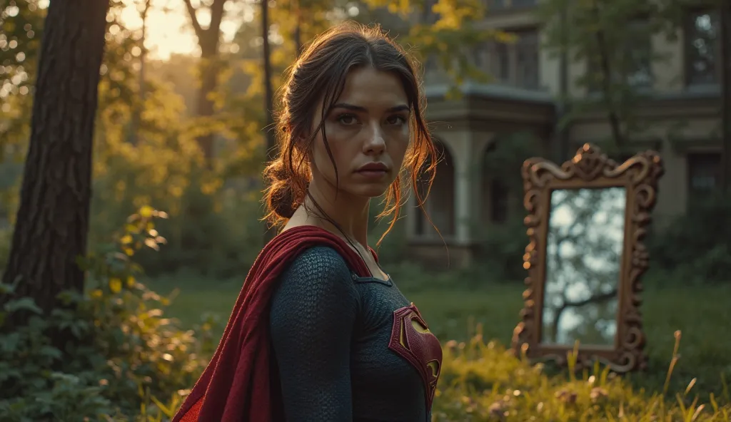 Superman anA young woman with a tense expression stands in an overgrown garden outside an old, abandoned mansion. The air feels heavy, as if the place holds a secret. Behind her, a tall mirror with an ornate frame leans against a tree, reflecting something...