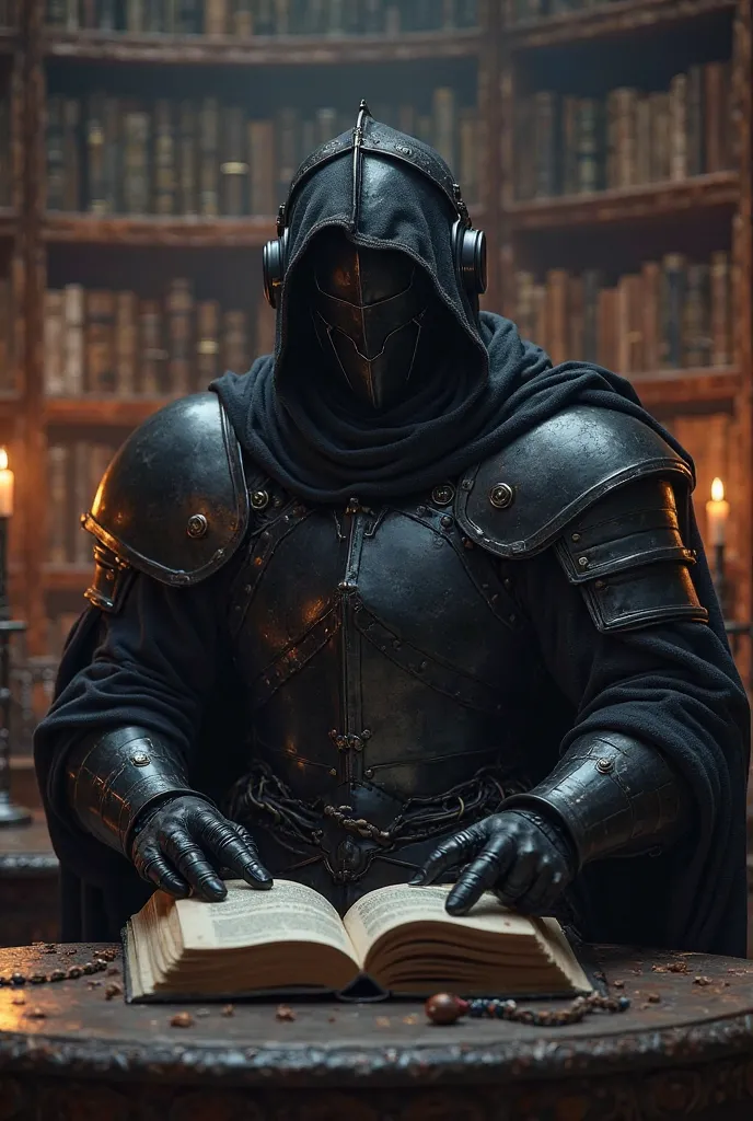 A black knight wearing headphones studies history