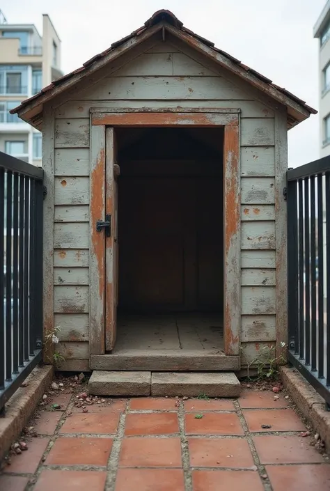 A dog kennel that is old and broken on a balcony which has tiles for the floor of the balcony and black metal fencing on the sides the roof of the kennel has to be triangular with rectangle sides and no legs it has to be touching the floor from the base of...