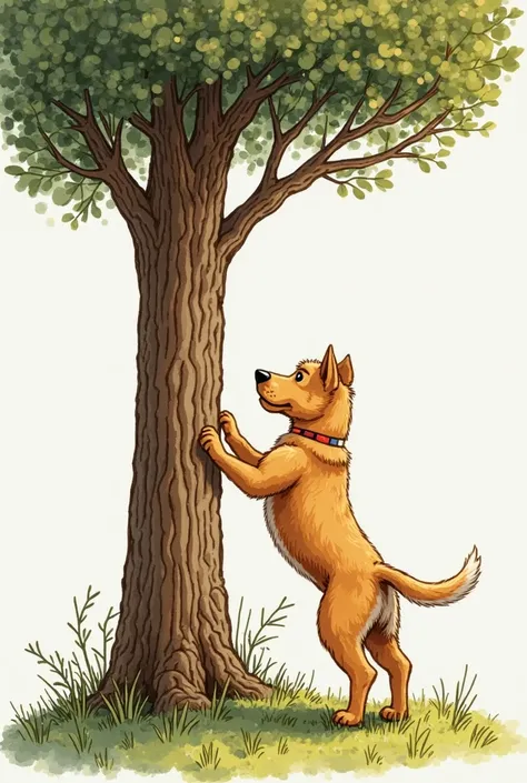 drawn illustration of a rear view of a medium size tan dog with a furry tail trying to climb a tall tree with many branches on a sunny day