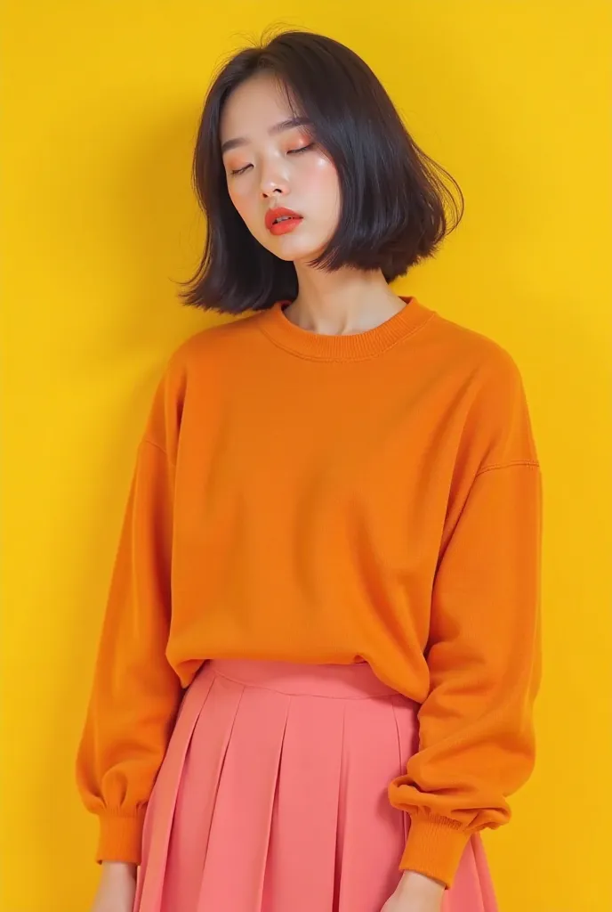 8k, masterpiece,  High quality, The Beautiful Women of Korea,  bob haircut ,  orange sweater,  pink skirt,  Vibrant yellow background , bright lips, closed eyes,  dreamy expression , soft lighting,  digital painting ,  fashion illustration style, cores pas...