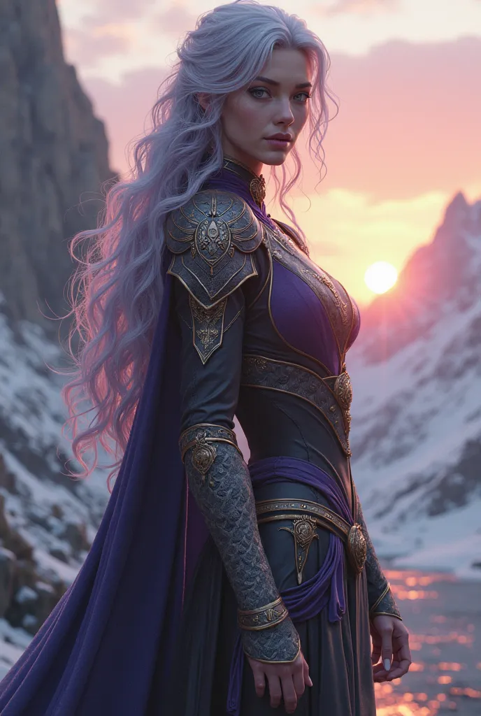 Create a female character called Melinoë, with an ethereal and imposing beauty, carrying an almost mystical aura.  She has long silver hair ,  slightly wavy, with lilac reflections under the light, contrasting with her pale and flawless skin. Her eyes have...