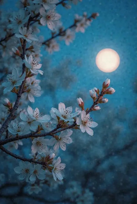 Full shot of blossoming trees at night, low angle, soft focus,  pale pastel white flowers and leaves,  glowing pale moon in deep twilight blue sky,  romantic, ethereal, dreamlike,  vintage aesthetic,  photorealistic, detailed flowers and leaves,  calm, ser...