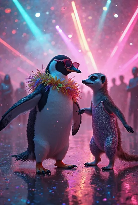 Generate me an image of a penguin and a meerkat on a rave 