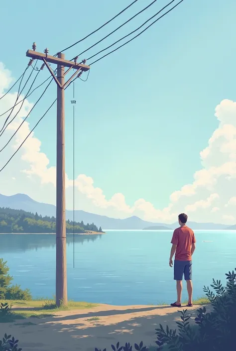 An observer is standing on the shore of a lake and observes the top of an electricity pole on the opposite shore. Initially, the angle of observation relative to the horizon is 6°. Afterward, the observer moves 30 meters closer to the pole and measures an ...