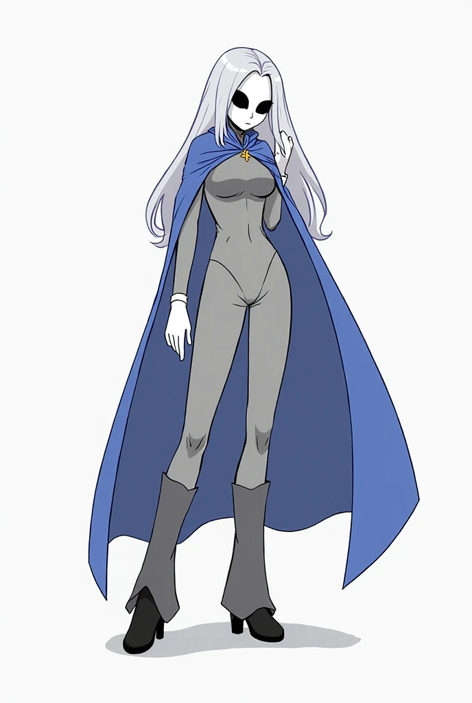 (Solo) 1girl, faceless, mask \(white face mask, black eyes/) grey hair, long hair, blue long cape, \(cape covering full body/), white gloves, cape touches ground, grey clothing bodysuit, black heels boots, wide open trousers pants, pants covered boots, use...