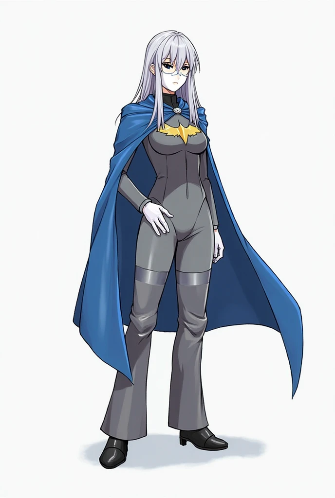 Solo, 1girl, faceless, white face mask with black eyes, grey hair, long hair, blue long cape, white gloves, cape touches ground, grey clothing bodysuit, armor shoulders and neck, black heels boots, wide grey leather open trousers pants with covered boots, ...