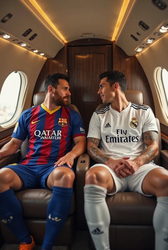 Messi and Cristiano Ronaldo sitting inside an airplane. Messi is wearing the Barcelona jersey and Cristiano Ronaldo is wearing the Real Madrid Jersey.