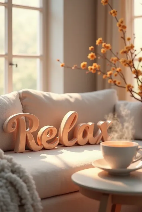 Relax lettering in 3D,  On the couch,hot tea table next to it 