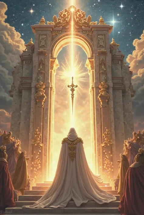 Create an image of God protecting the Gate of Heaven with angels and a flaming sword