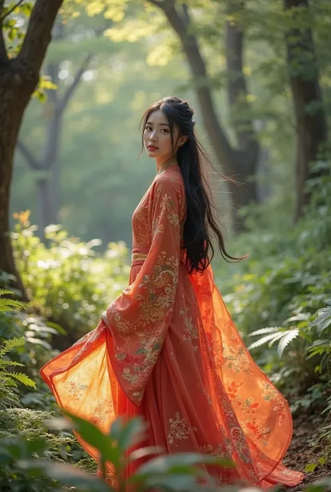 Short video of a beautiful asian woman in traditional clothing in the forest turning around 