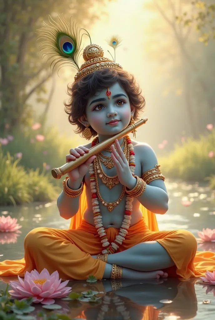 Make cute and handsome lord krishna playing flute with cross leg divinely 