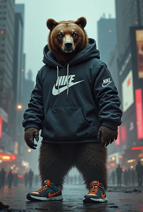 A bear wearing a hooded jacket and Nike kairvin shoes 