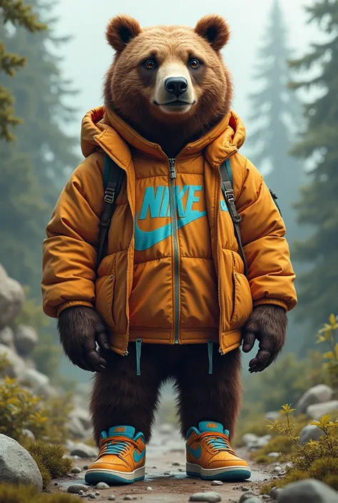 A bear with a jacket and hood with Nike shoes in a realistic and at the same time lively style