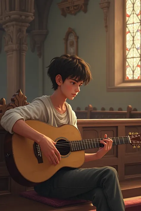 Create an image of a young man playing the guitar at church