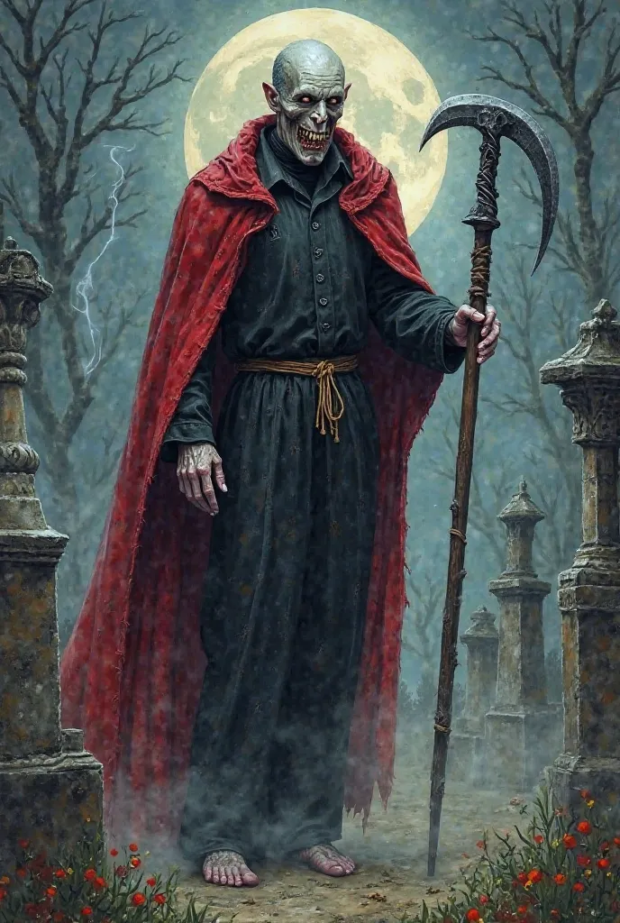    Realistic watercolor-style image of a male entity looking like a tall, very thin man with bones showing and a very dry face showing deep bones and eyes, zombie red, medieval cape, medieval cover, Dracula colerim, black, long dragging on the floor and a ...