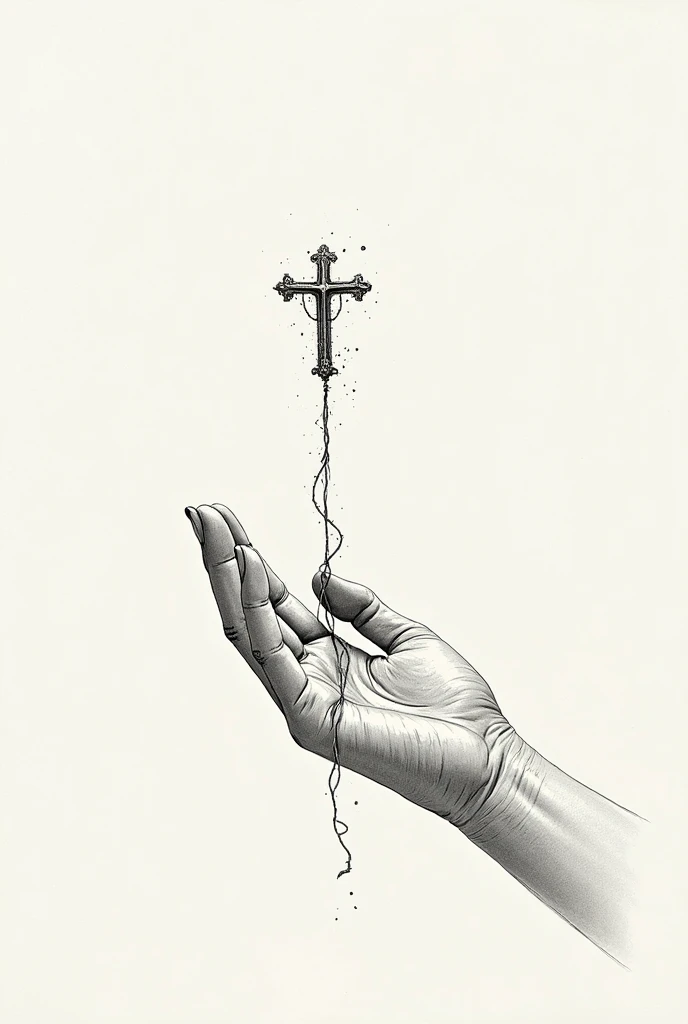 Make a continuous drawing of An outstretched hand holding a thread that gradually turns into a cross 