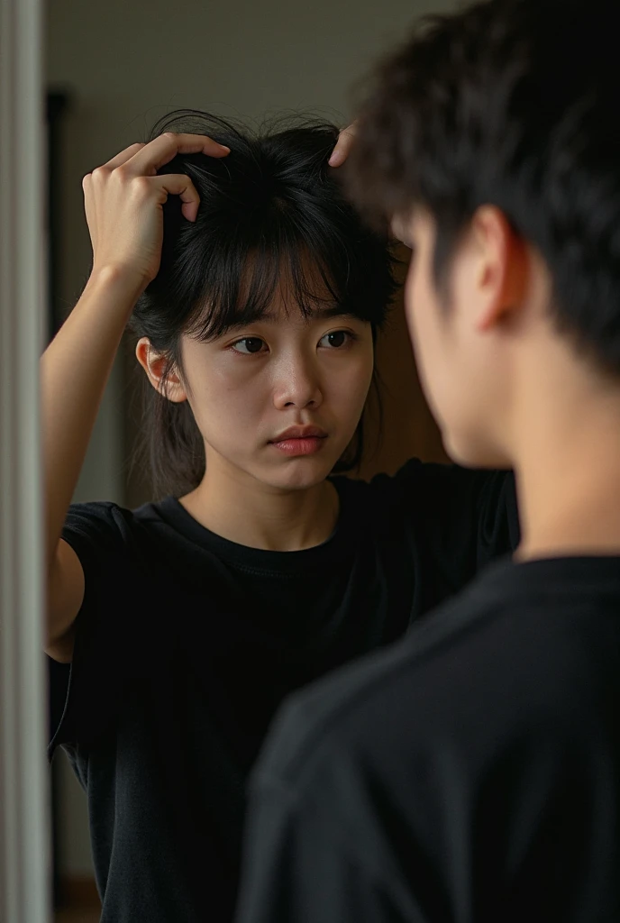 A young stand in front of mirror with black t-shirt and have hair style looking for himself during taking pictures 