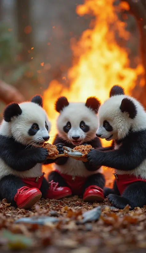 An ultra cinematic 8k scene of The panda’s playful cubs are having fun with the white catbwearing red shoes and red half pant. They are laughing and the group eating fishes and food together in front of burning fire 