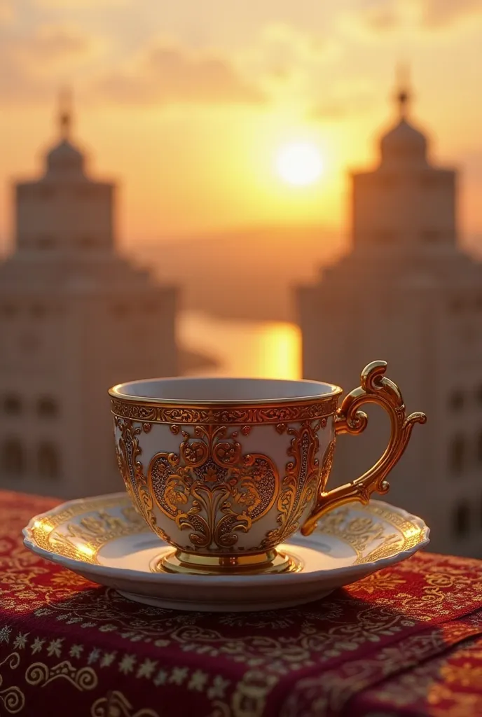 A royal cup of coffee - in Bab Al-Kahf, overlooking the sunset, filmed with the most expensive and highest quality camera