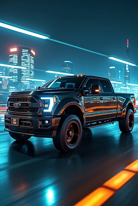 "A high-resolution image of the 2025 Mansory Pickup Truck in an aggressive back angle. The truck should have a glossy carbon fiber body with sharp LED headlights glowing brightly. The background should feature a dramatic, blue cityscape with neon lights re...