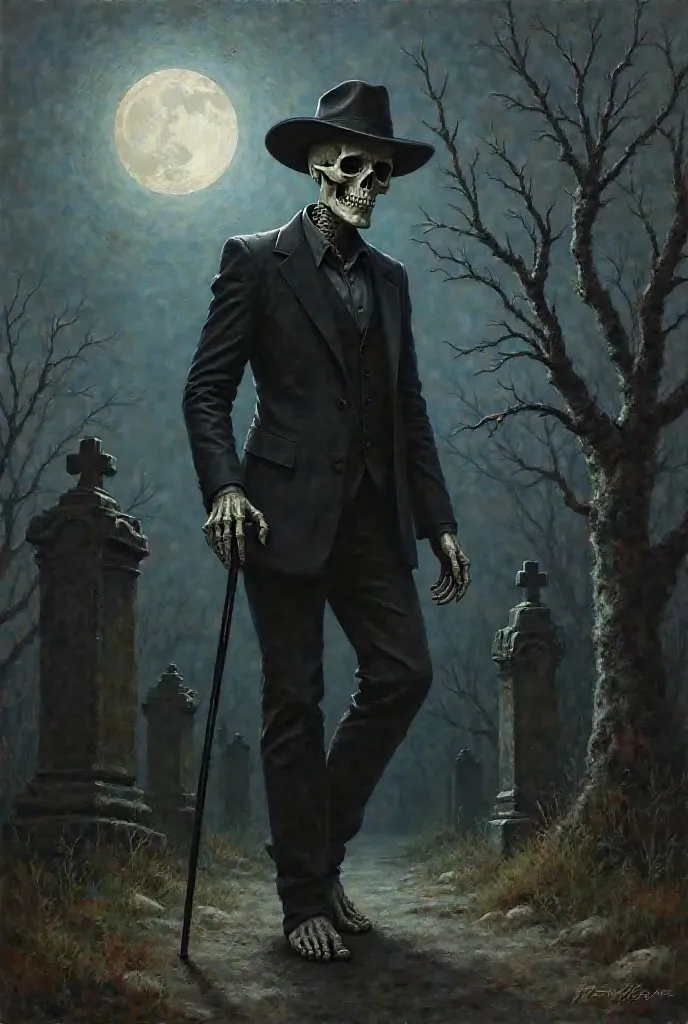 Oil painting style image of a male entity looking like a skeleton man, black fedora hat and black dress shirt with folded sleeves and black dress pants tucked up to the knee and barefoot leaning on a black cane and walking in a cemetery on a dark night wit...