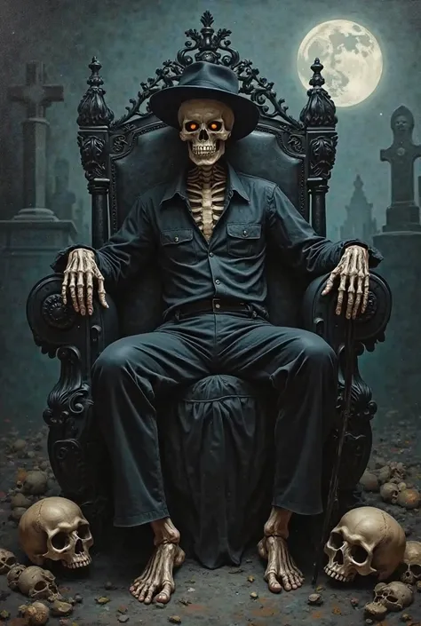 Oil painting style image of a male entity looking like a skeleton man, black fedora off hat and black dress shirt with folded sleeves and black dress pants tucked up to the knee and barefoot leaning on a black cane and sitting on a black throne with skull ...