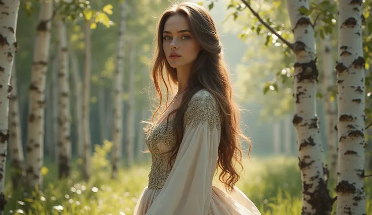 a beautiful Russian girl dressed in an old Slavic full-length outfit walks between green birches goes to meet the camera,  realistic and cinematic 