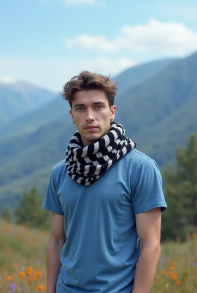 The image shows a person wearing a blue shirt and a black and white striped scarf, standing against a blurred background of mountains and a blue sky.