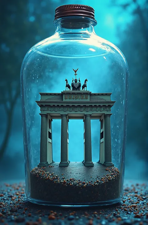 the Brandenburg Gate inside a bottle,simple design,detailed architecture,atmospheric lighting,fantasy art,high resolution,intricate structures,blue tones,glass texture