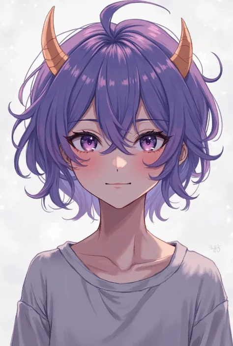 Anime boy with purple hair and small horns 
From the front 