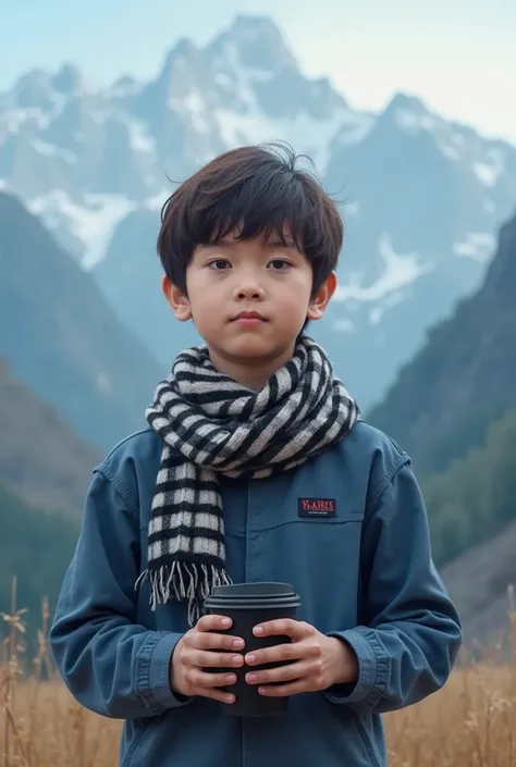 The image shows a young boy wearing a blue shirt and a black and white striped scarf, black cup , standing against a blurred background of mountains and a blue sky.