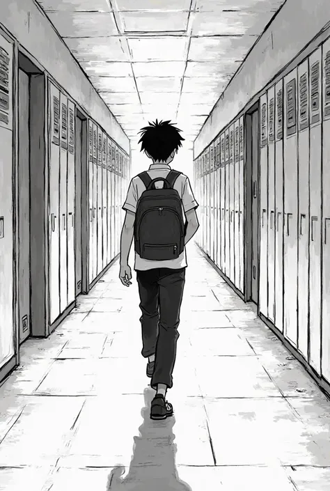 A boy in a high school uniform walking down a hall with his backpack on his back in black and white manga 